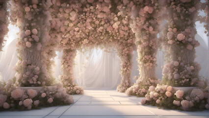 Wedding arch decorated with flowers. 3d render. Wedding background