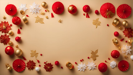 Christmas background with red and gold decorations. Copy space for text.