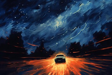 classic old car on the night road - obrazy, fototapety, plakaty