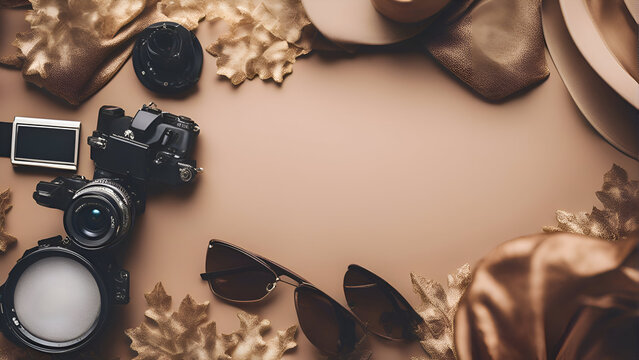 Flat lay composition with vintage camera. sunglasses and autumn leaves on color background