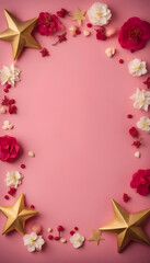 Flowers and stars frame on pink background. Flat lay. top view