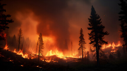 Depict a dramatic and intense scene of a forest fire. Visualize towering trees engulfed in raging flames, their branches crackling and the air filled with smoke. 