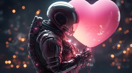 An astronaut holds a heart-shaped balloon. Conquering galaxies and space. Card for Valentine's Day or March 8.