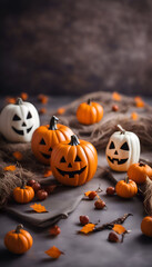 Halloween background with pumpkins and autumn leaves. Selective focus