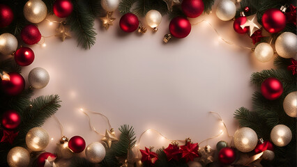 Fototapeta na wymiar Christmas background with fir branches. red and golden baubles and lights