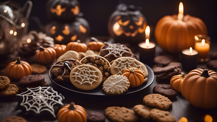 Halloween cookies and gingerbread cookies on dark background with pumpkins. spiders and candles