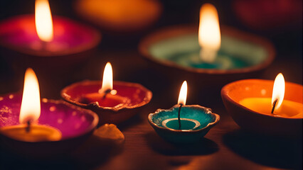 Close up of colorful diya lamps lit during Diwali celebration