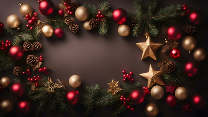 Fototapeta na wymiar Christmas or New Year decoration on dark background. Top view with copy space