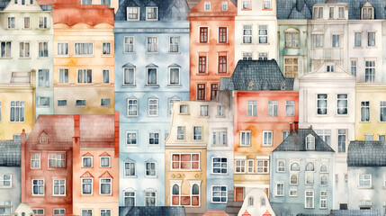 Seamless Tile, Watercolor Architecture, Urban Buildings, Repeating Image - Generative AI