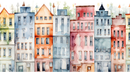 Obraz premium Seamless Tile, Watercolor Architecture, Urban Buildings, Repeating Image - Generative AI