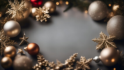 Christmas background with bokeh lights and ornaments. Copy space.