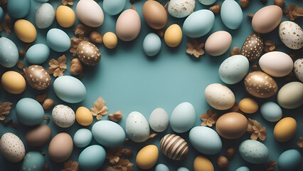 Colorful Easter eggs on blue background. Top view. flat lay