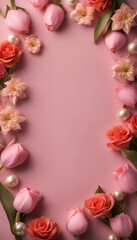 Fototapeta na wymiar pink tulips and pearls on pink background with copy space