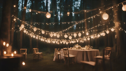 Wedding table in the forest decorated with garlands and lights - obrazy, fototapety, plakaty