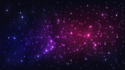 A starry sky with blurred smoke and the milky way on a dark background. Space in blue pink and purple on a dark background.