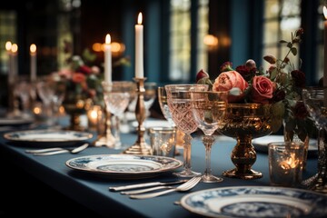 The elegant table settings at the wedding reception, with fine china, crystal glasses, and exquisite floral arrangements - obrazy, fototapety, plakaty