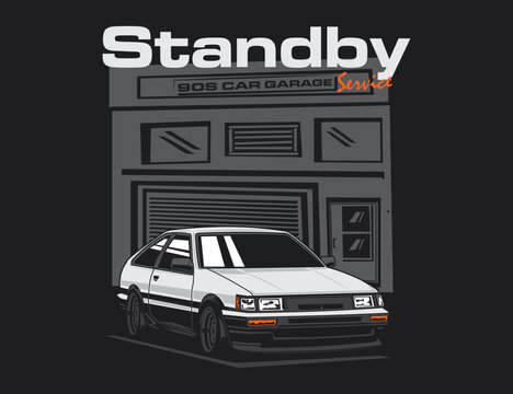 iconic 90s japan car illustration vector with garage background graphic