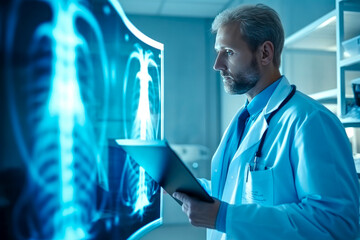 Photo of a caucasian male doctor healthcare physician worker looking at x-ray