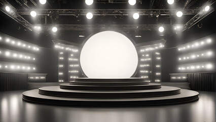 Stage with round podium and spotlights. Mock up. 3D Rendering