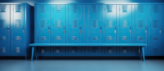 blue metal school student storage cabinets and bench in an empty change room - obrazy, fototapety, plakaty
