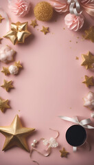 Creative flat lay photo of christmas decorations on pastel pink background. Top view with copy space. Holiday concept