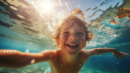 Cute smiling boy having fun swimming and diving in the pool at the resort on summer vacation. Sun shines under water and sparkling water reflection. Activities and sports to happy kid.. - obrazy, fototapety, plakaty