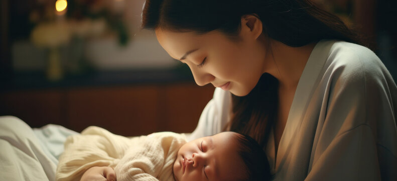 Asia Mother gently touches the baby. Happy, family, growth, pregnancy, enjoyment , newborn, take care, healthcare, tummy, pregnant, growth, pregnancy, stomach