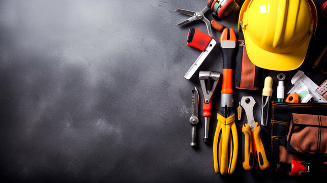 Various handy tools on a dark background represent a Labor Day concept. © MDMAHAMUDUL