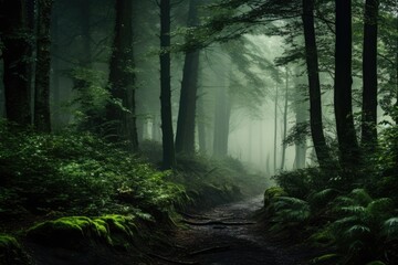 Fototapeta premium foggy forest with picturesque trees 