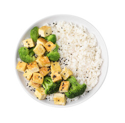 Bowl of rice with fried tofu and broccoli isolated on white, top view