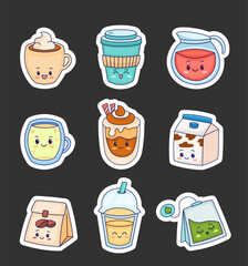 Cute kawaii character coffee tea. Sticker Bookmark. Cartoon cup mug jug glass packaging bag. Vector drawing. Collection of design elements.