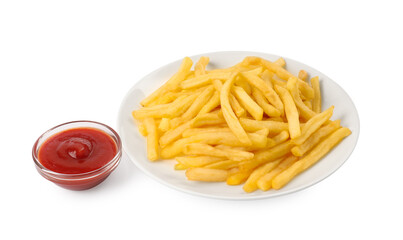 Tasty french fries with ketchup on white background