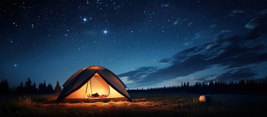 Tent shines under starry night - obrazy, fototapety, plakaty