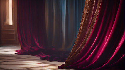 Red velvet curtain in a room with window light and shadow on the wall