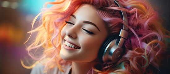Lofi music cover photo with a beautiful girl and rainbow hair portraying positive vibes and anime style