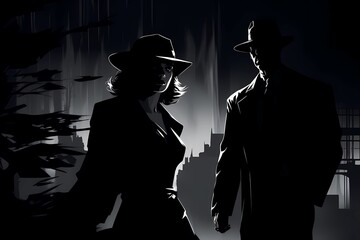a man and a woman in the style of the film noir