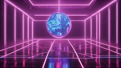 3d render. abstract background with neon lights and disco ball.