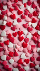 Red and white hearts on pink background. Valentines day concept.