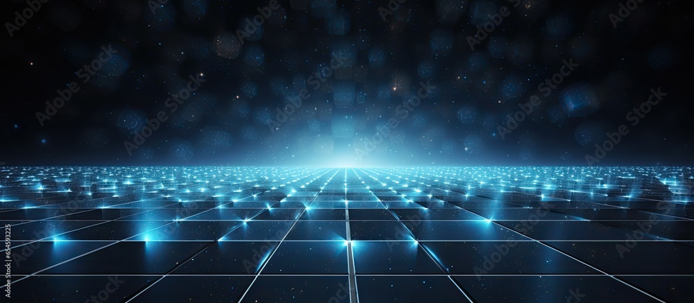 Poster futuristic black background with blue shining particles and flare resembling abstract perspective gr