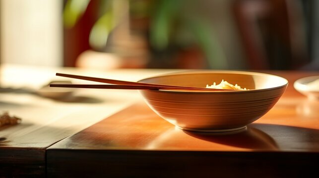 A bowl with chopsticks on a table with open copy space. Generative AI. 