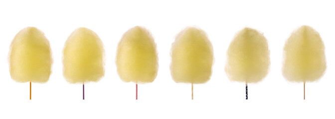 Set of orange cotton candy on sticks isolated on white