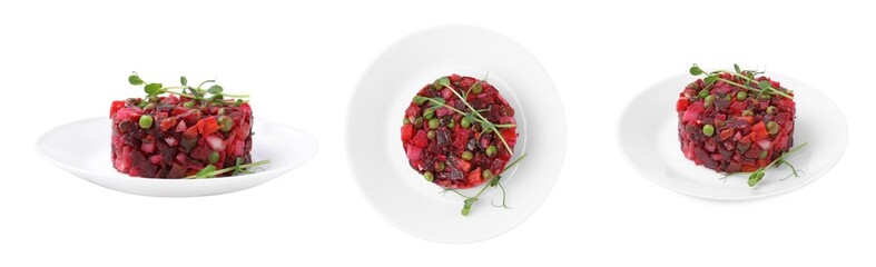 Tasty vinaigrette salad with microgreens isolated on white, top and side views. Collage design