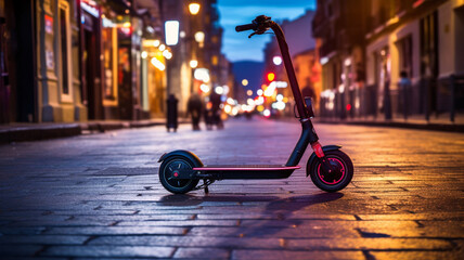 Electric scooter on the street at night. The concept of urban transport. generativa IA - obrazy, fototapety, plakaty