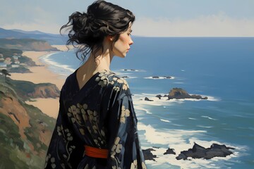 asian woman on the background of the ocean in the style of Japanese painting