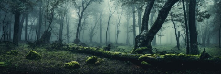 foggy forest with picturesque trees 