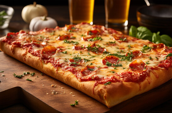 Sicilian Pizza made of thick, rectangular pizza with a crispy crust, topped with tomato sauce, cheese, and various toppings