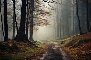 Obraz premium foggy forest with picturesque trees 