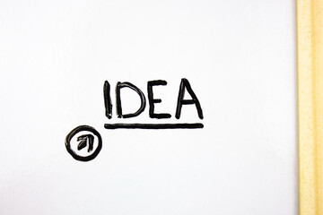 IDEA word, text written with a marker on the board. Idea, concept.