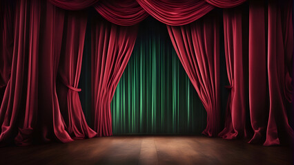 Stage with red curtains and wooden floor. 3D Rendering.