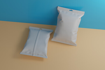 Naklejka premium 3d Chips bag mock up isolated on white background. cracker packaging chips tilted with rendered shadows on a blue and brown background